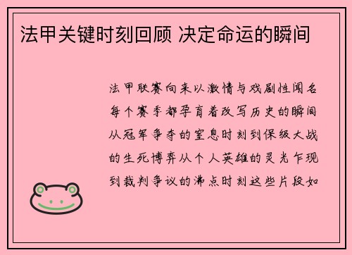 法甲关键时刻回顾 决定命运的瞬间